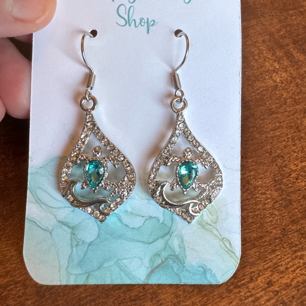 Silver and Teal Turtle Earrings